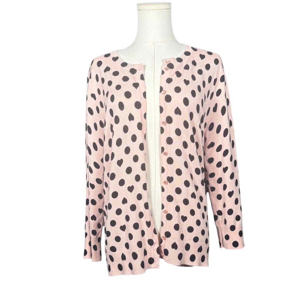 Cable & Gauge Pink Polka Dot Heart Print Cardigan Sweater Womens Large